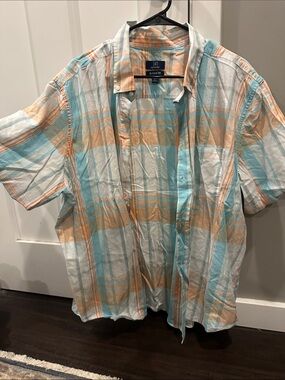 croft & barrow Aqua and Peach Plaid Short Sleeve Button-Up Shirt